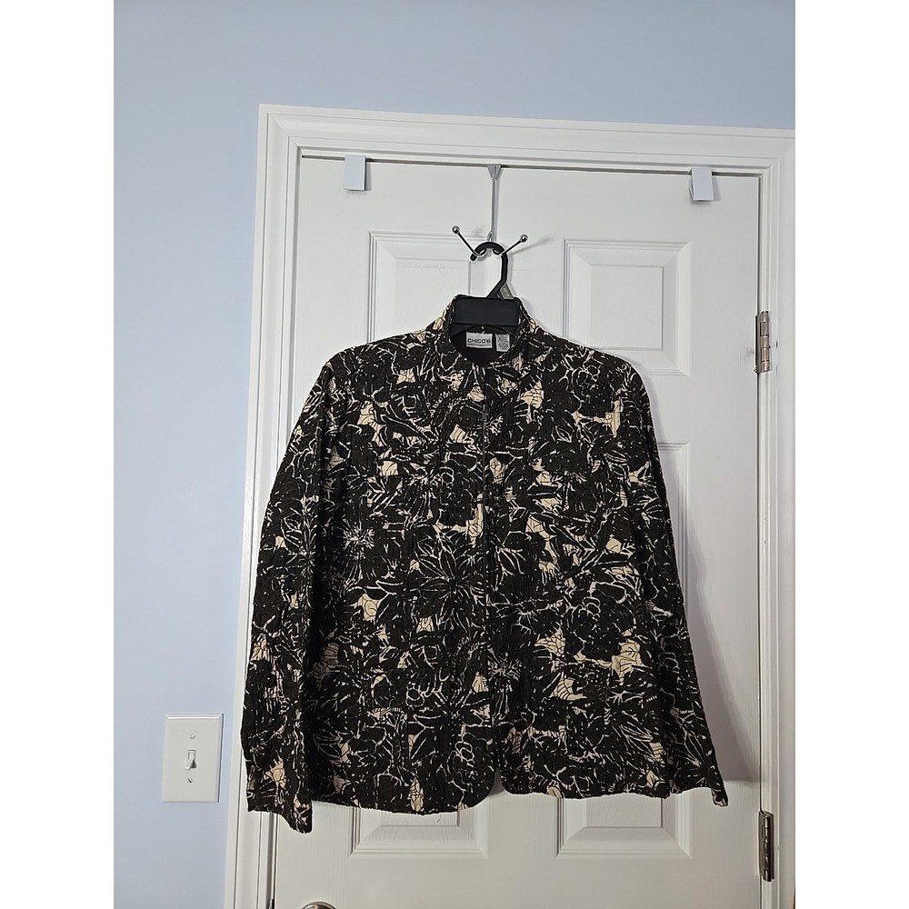 Chico's Womans Zipup Blazer Size 3 (XL) Brown & Gold Embroidery Designs